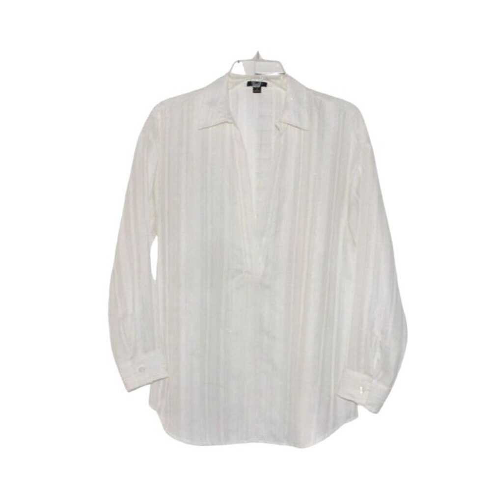 Ann Taylor Blouse Ivory Sheer Button Striped Metallic Threads Size M